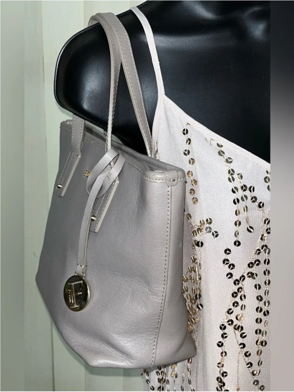 Furla Pearl Gray Italian Saffiano Leather Tote Purse Bag with Charm EUC